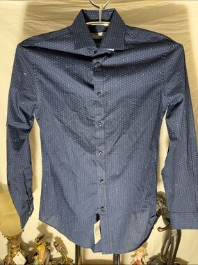 Michael Kors Collection Navy Button-Down Shirt with Micro Dot Pattern